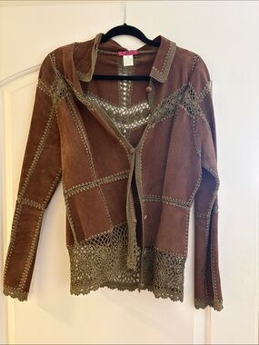Vintage 90’s Brown Suede-Stitch Crochet Trim Jacket - Women